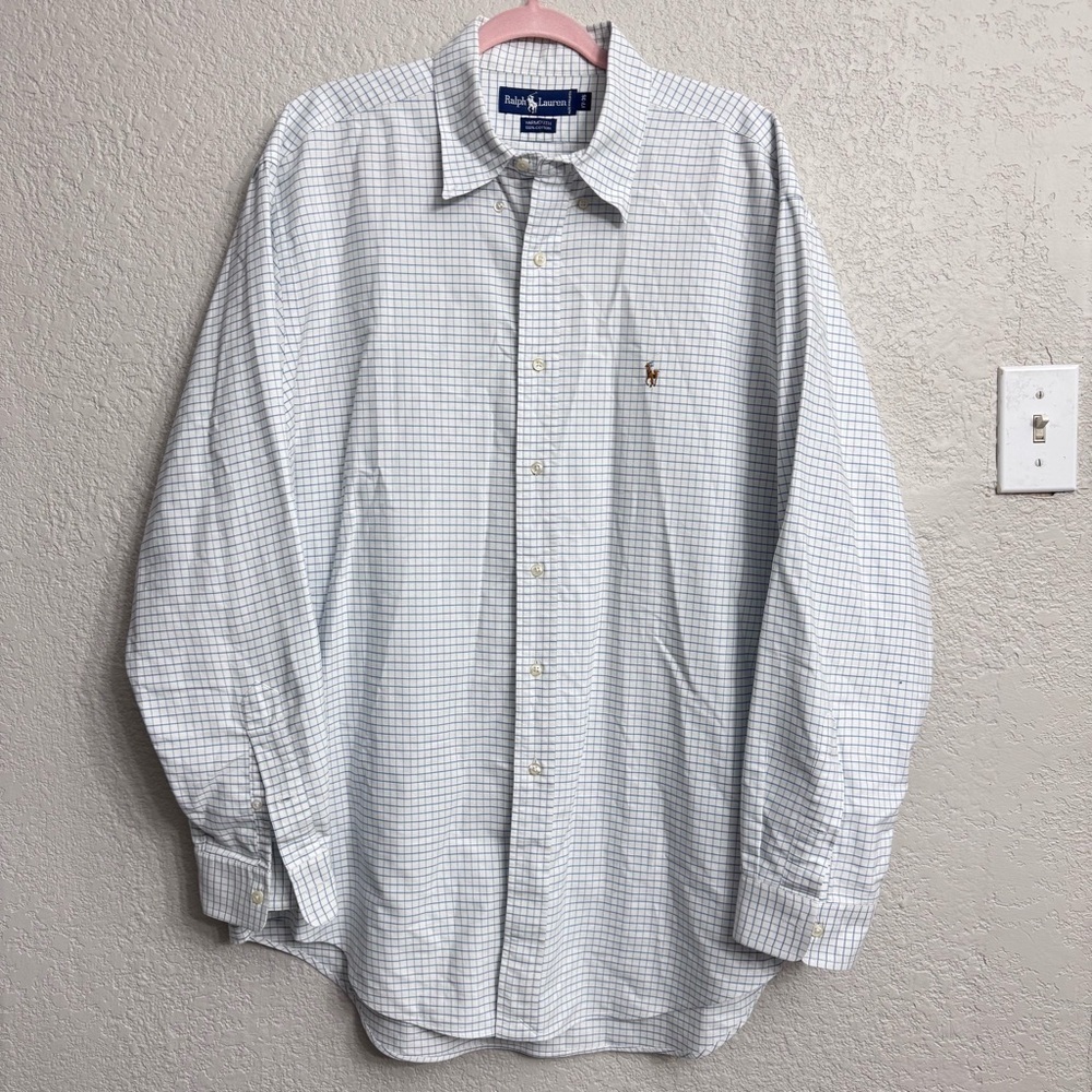 Ralph Lauren Yarmouth Dress Shirt White Blue Check Men’s 17-35 100% Cotton